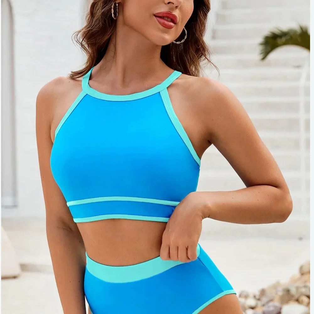 HannaBanna Blue Modest Bikini Top with Crisscross Back and Contrasting Trim
